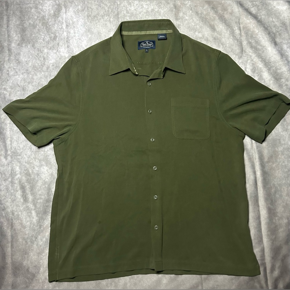 Nat Nast Shirt Mens Sz L khaki green  100% Silk Bowling Luxury Originals